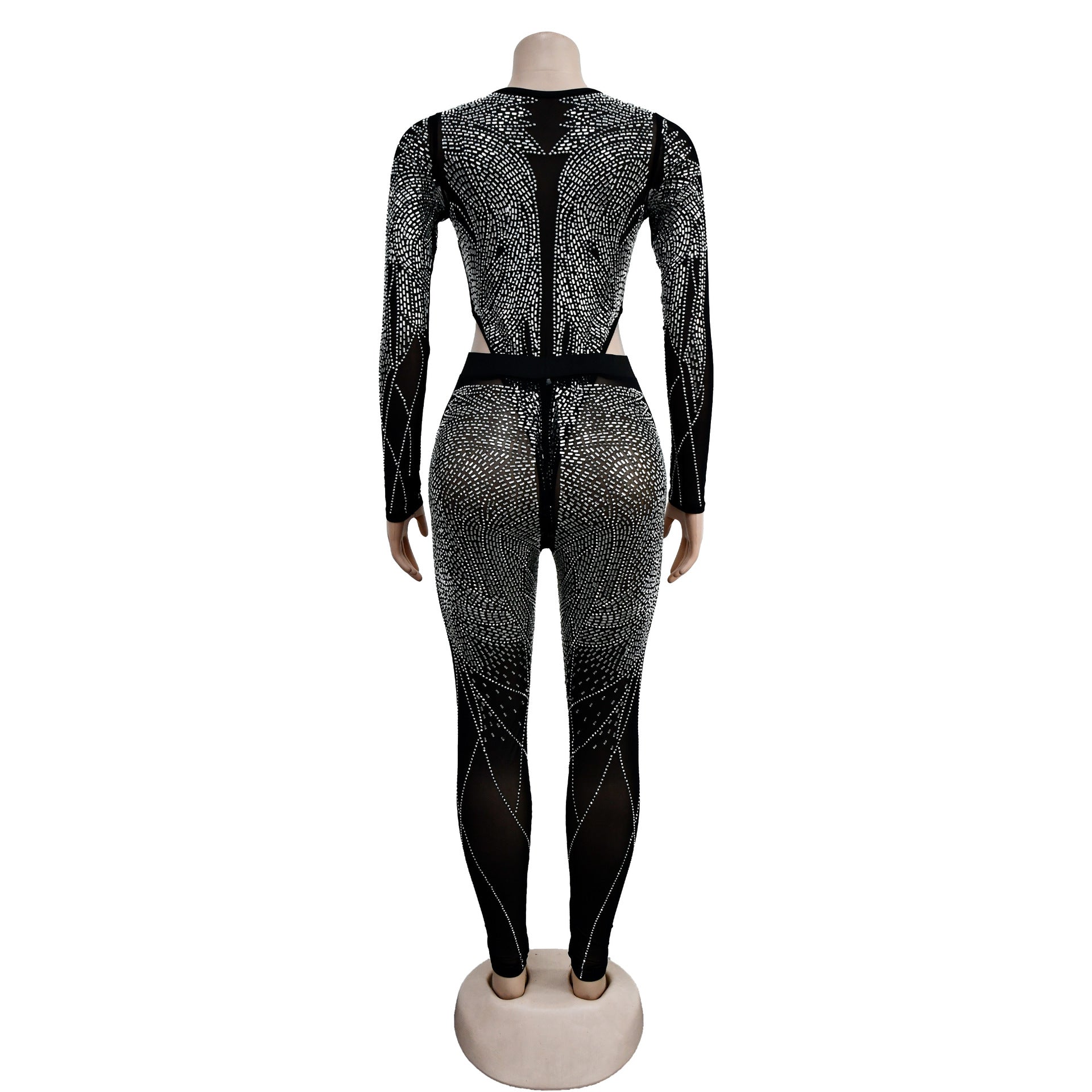 Ladies' Fashion Solid Mesh Beaded Long Sleeve Jumpsuit 17