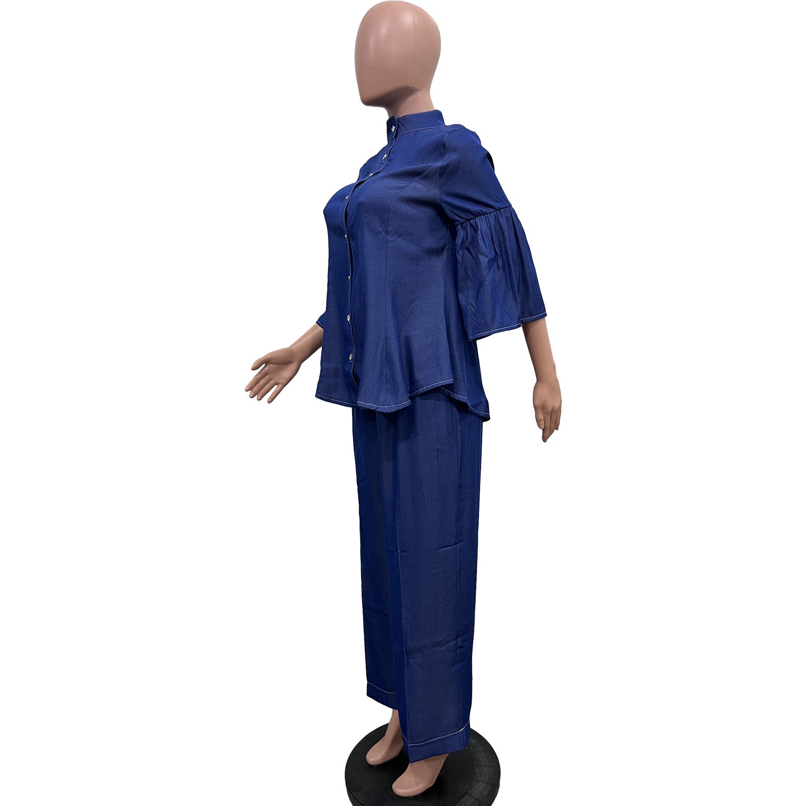 Women Solid Denim High Collar Button Top and Straight Pants Two-piece Set 11