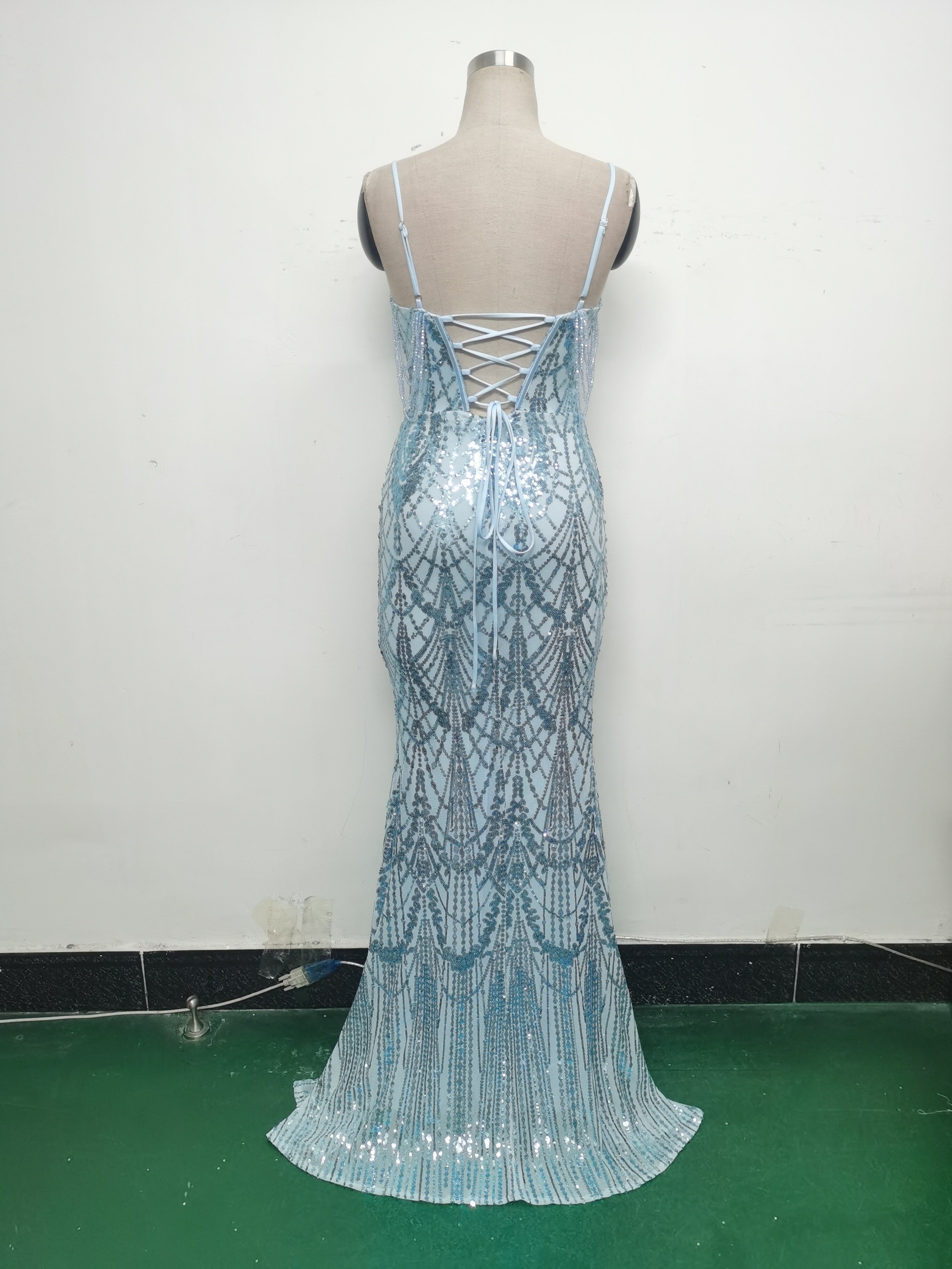 Women beaded sequin fishbone Lace-Up See-Through evening dress 41