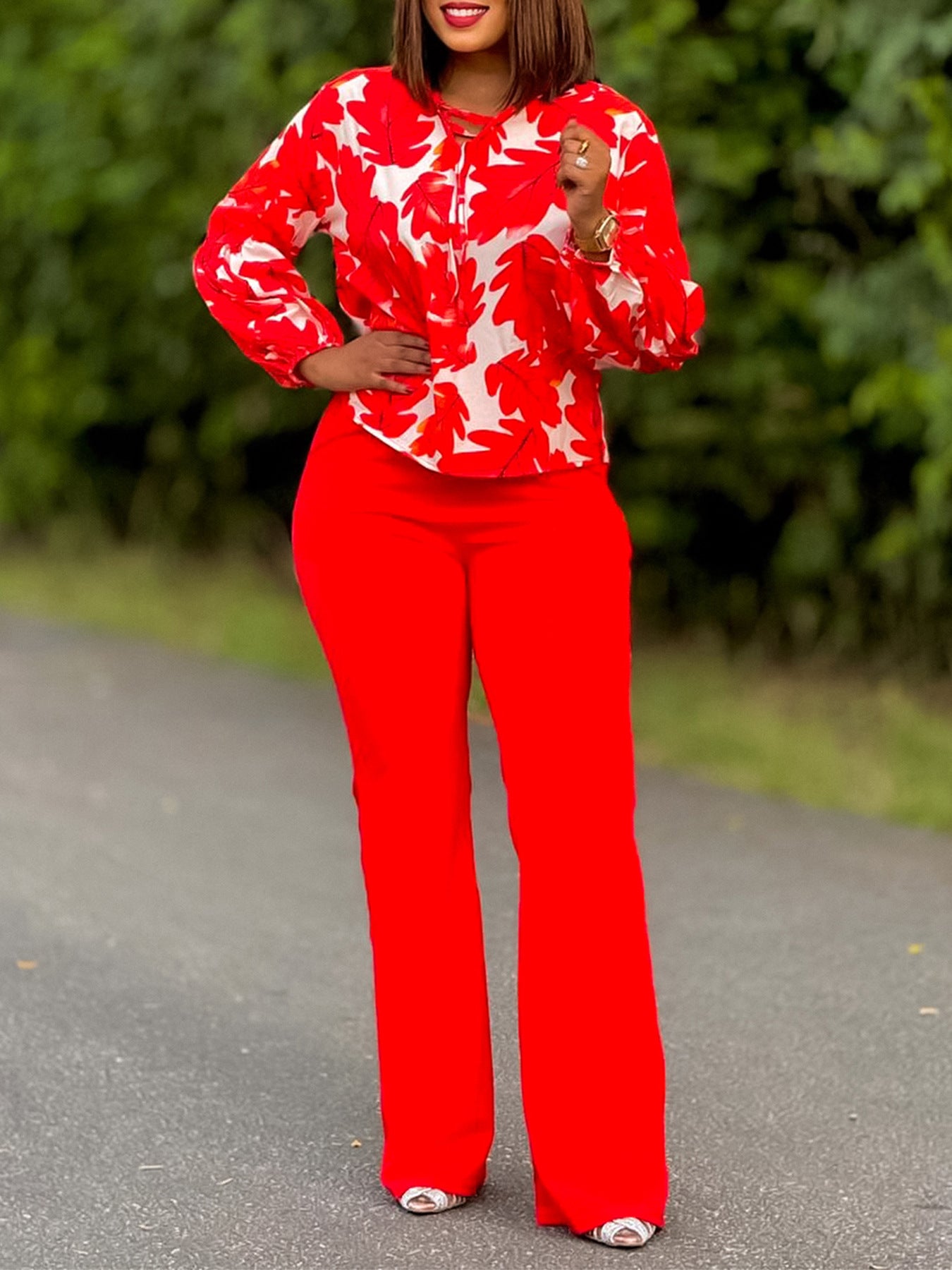 Women Printed Long Sleeve Top Wide Leg Pants Two-Piece Set 5