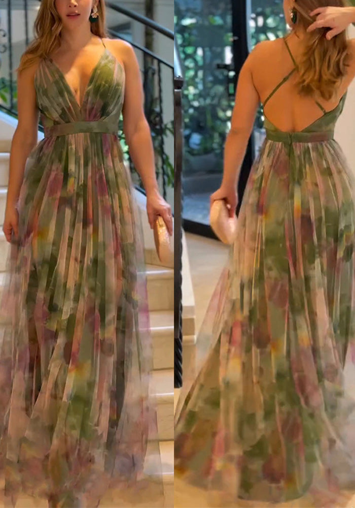 Spring/Summer Print Mesh Strap Casual Maxi Dress for Women