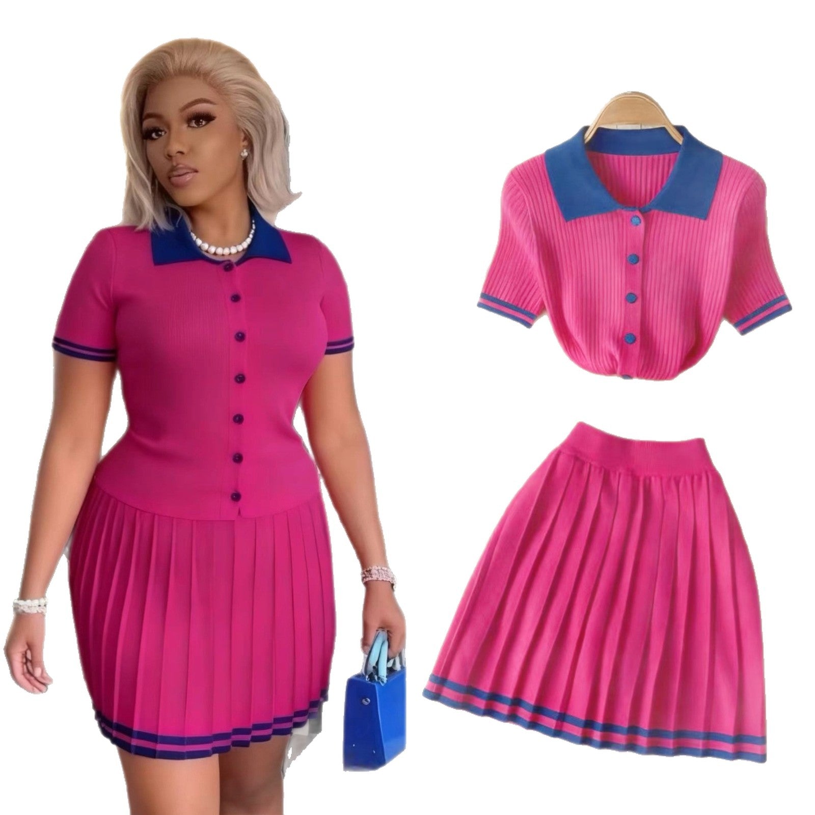 Women Contrast Color Polo Neck Short-Sleeved Top and Pleated Skirt Two-Piece Set 11