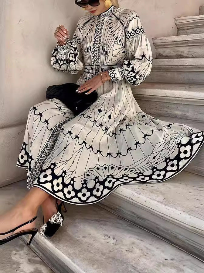 Women Elegant Long Sleeve Belt Button Printed Dress 6