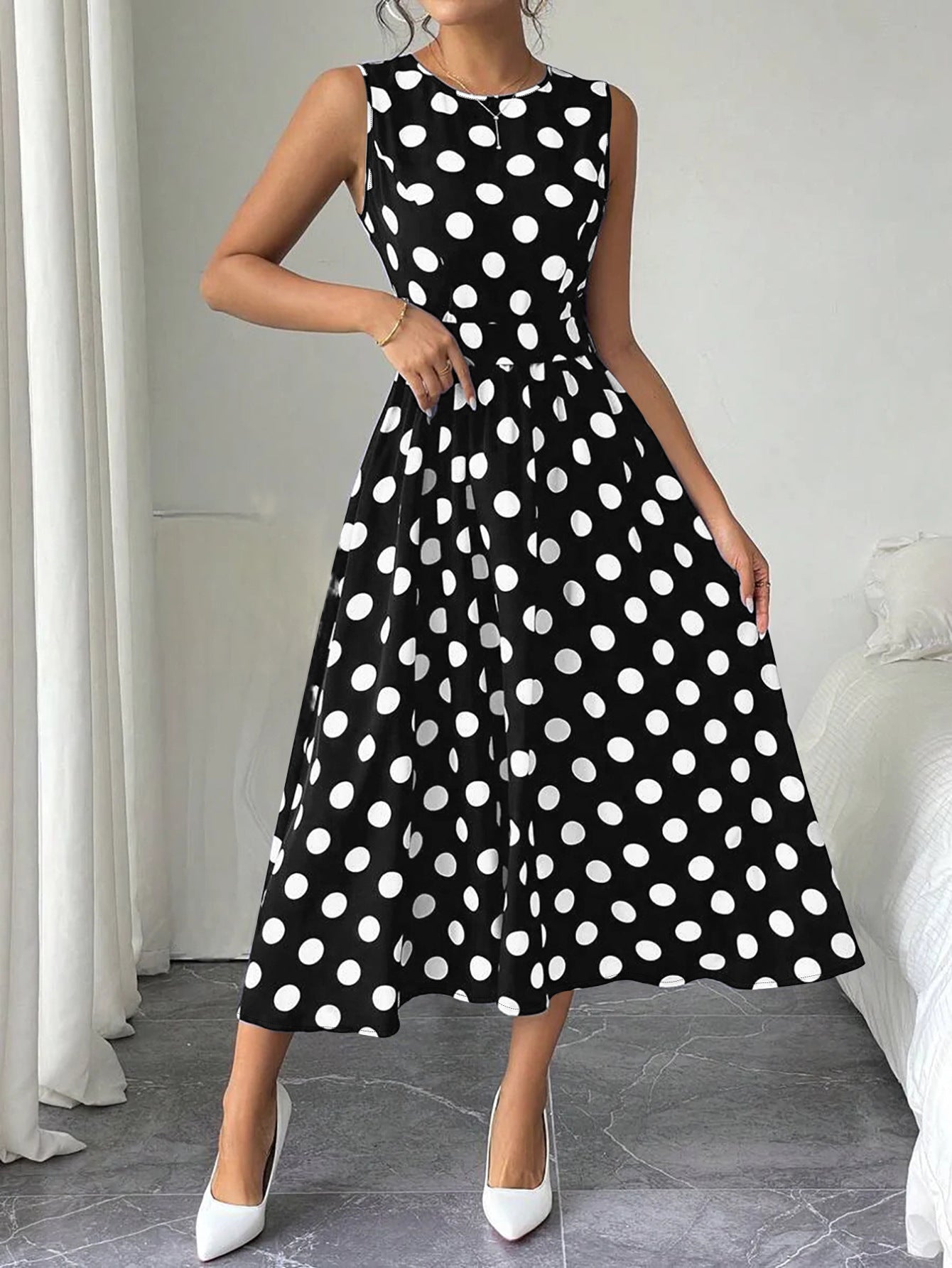 Plus Size Women Elegant Round Neck Sleeveless Polka Dot Print Dress