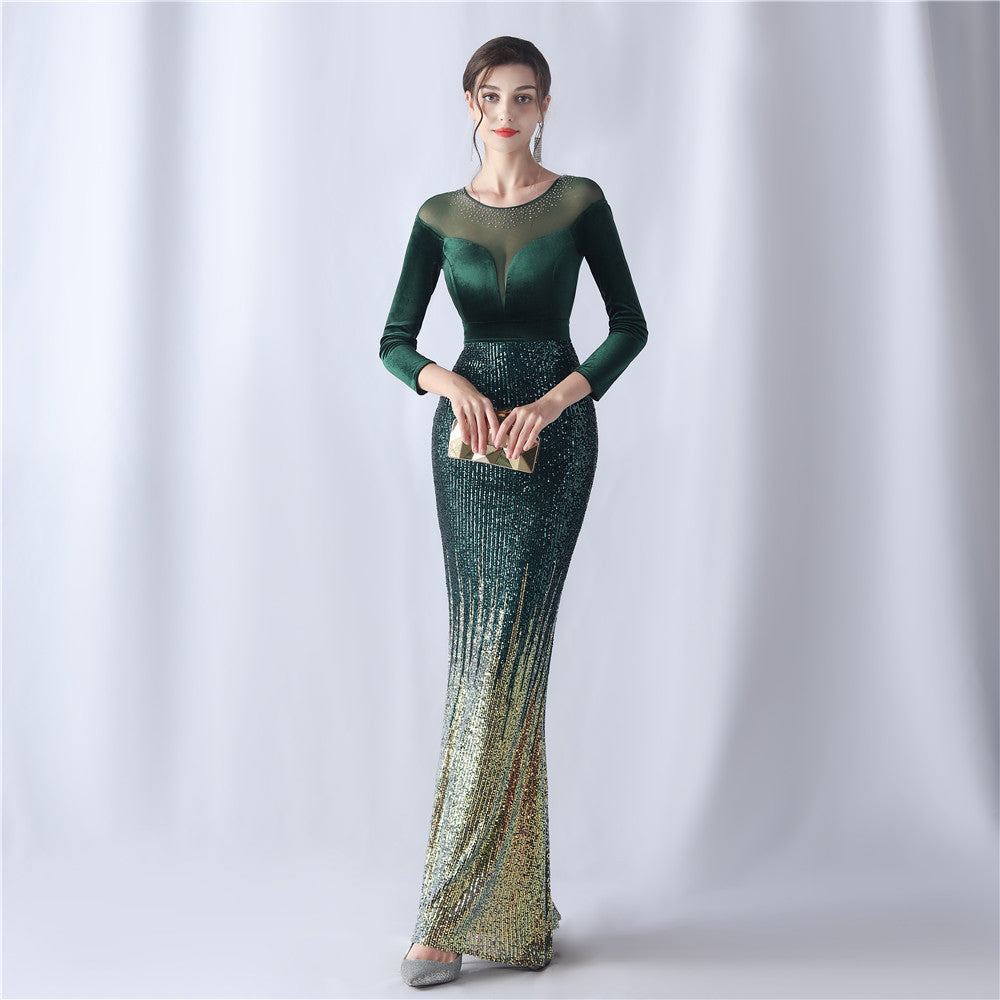 Formal Long Sleeve Patch Sequin Mermaid Evening Dress 11