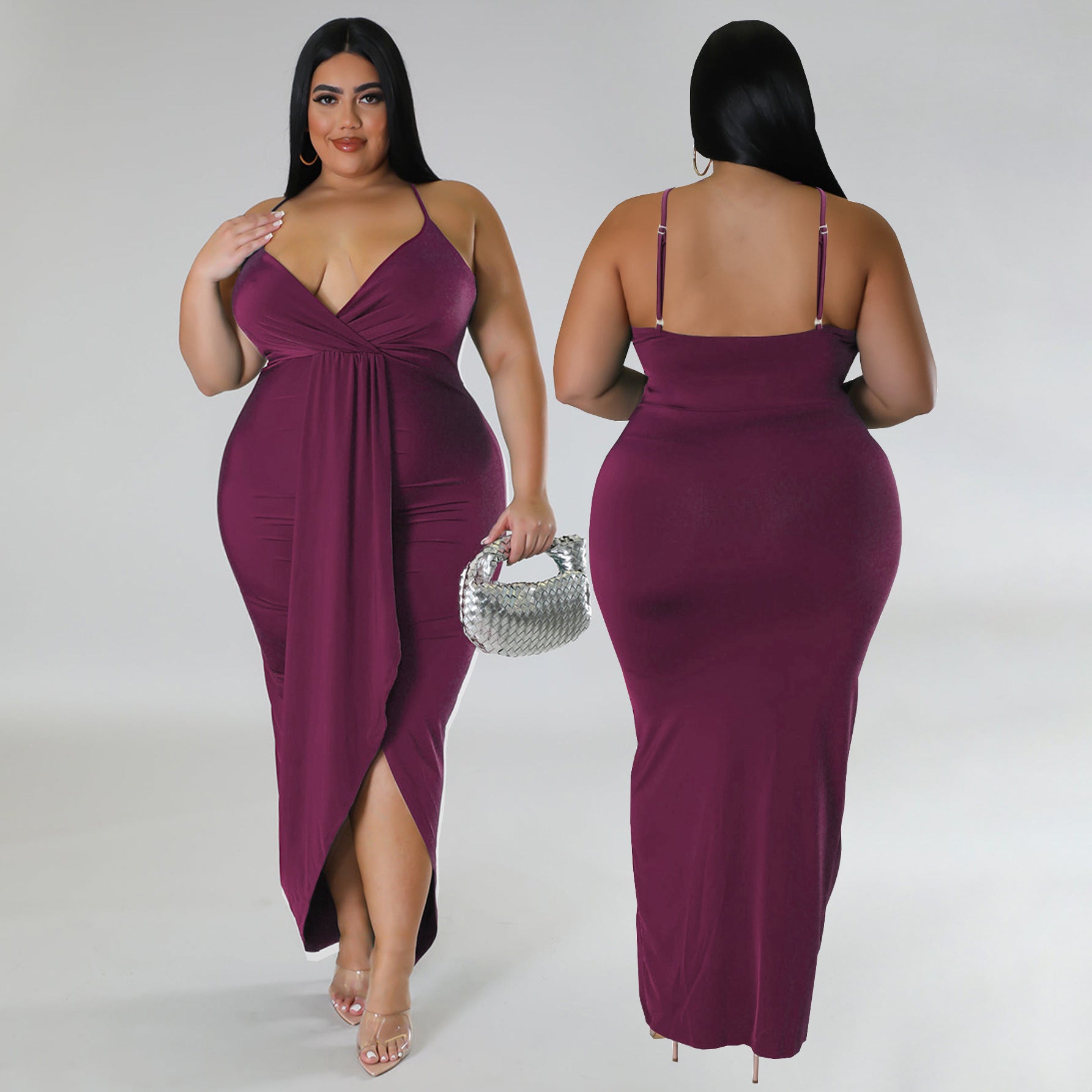 Women's Plus Size Solid Strap Sleeveless V-Neck Long Dress 3