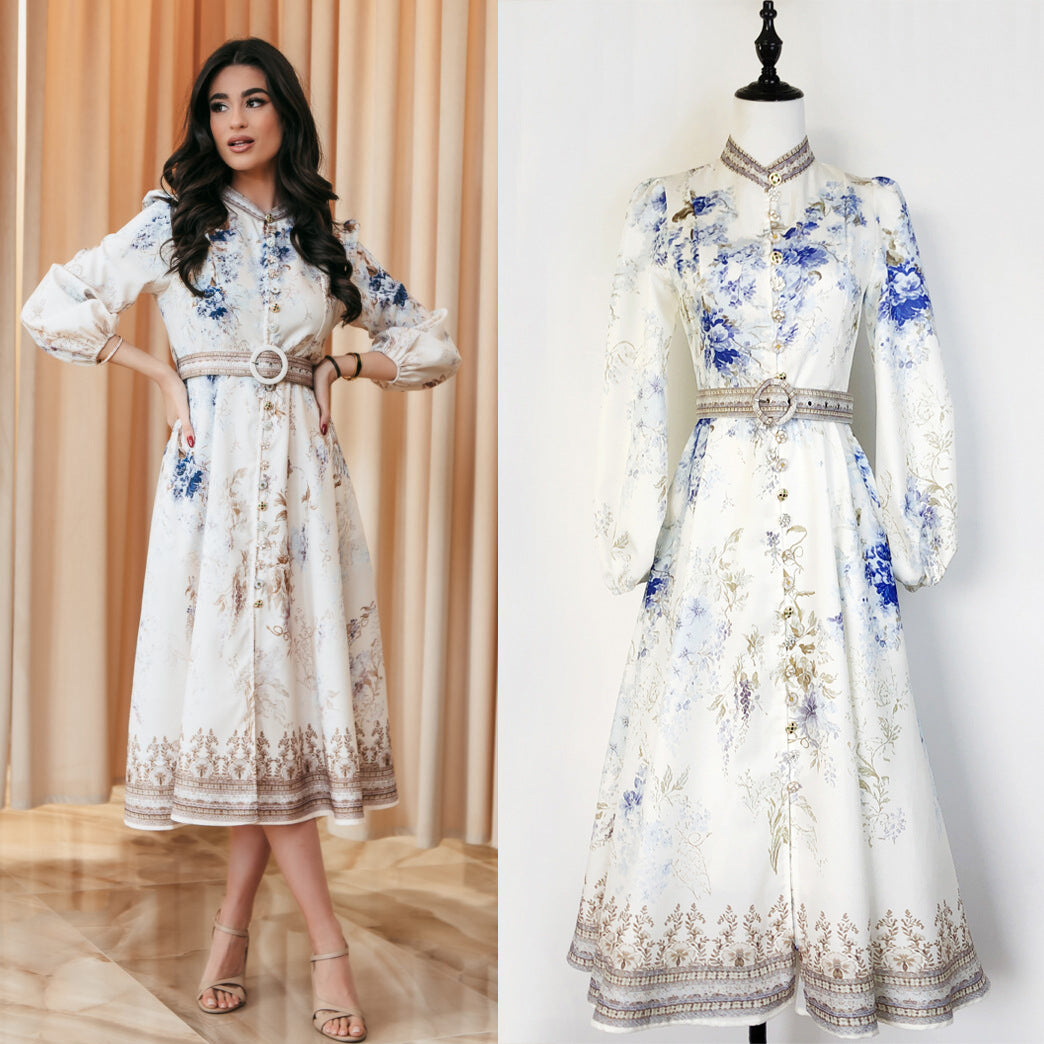 Elegant Print Row Jewelry Button Floral Lantern Sleeve Midi Dress with Belt 3