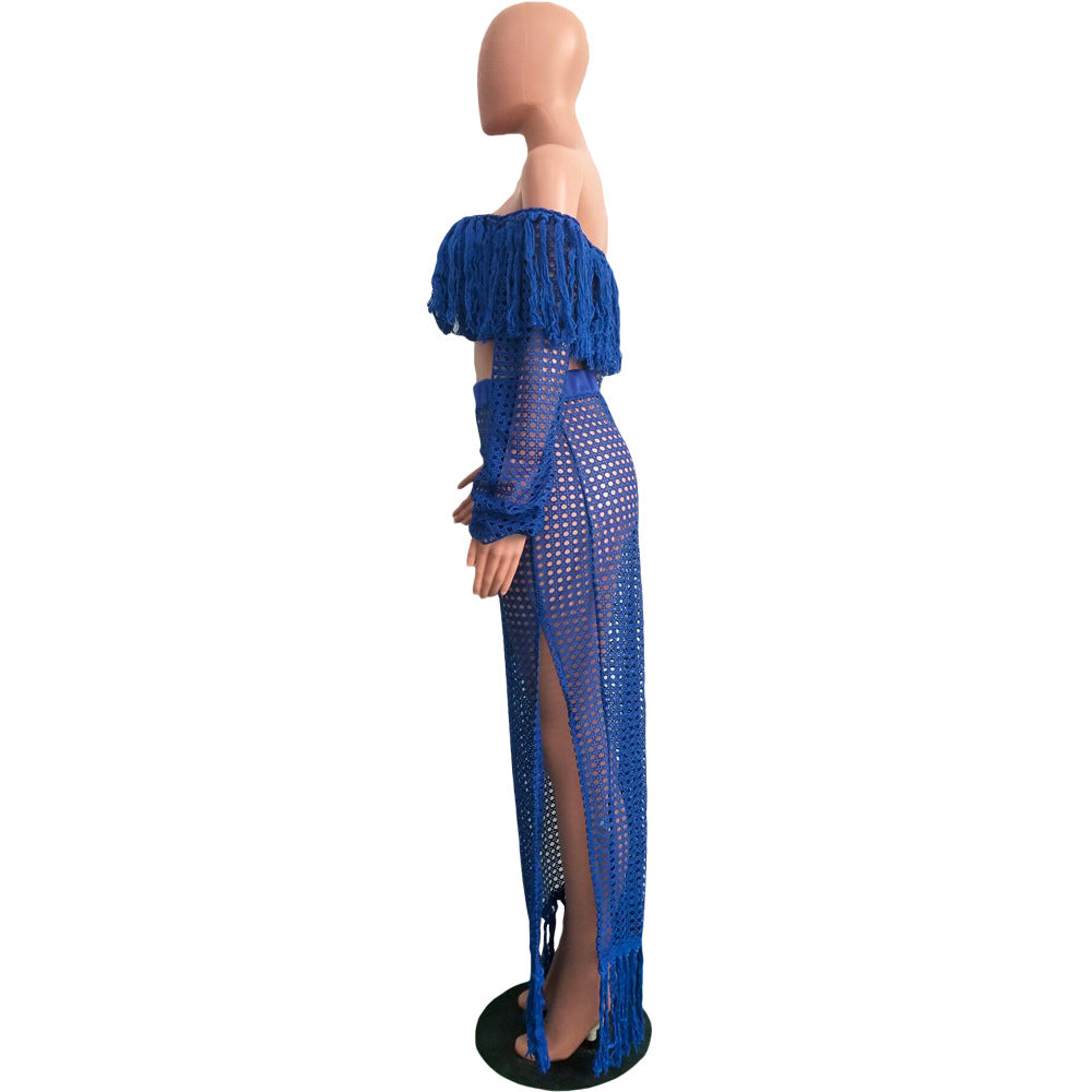 Summer Hollow Sexy Fashion Mesh Tassel See-Through Two-Piece Skirt Set 39