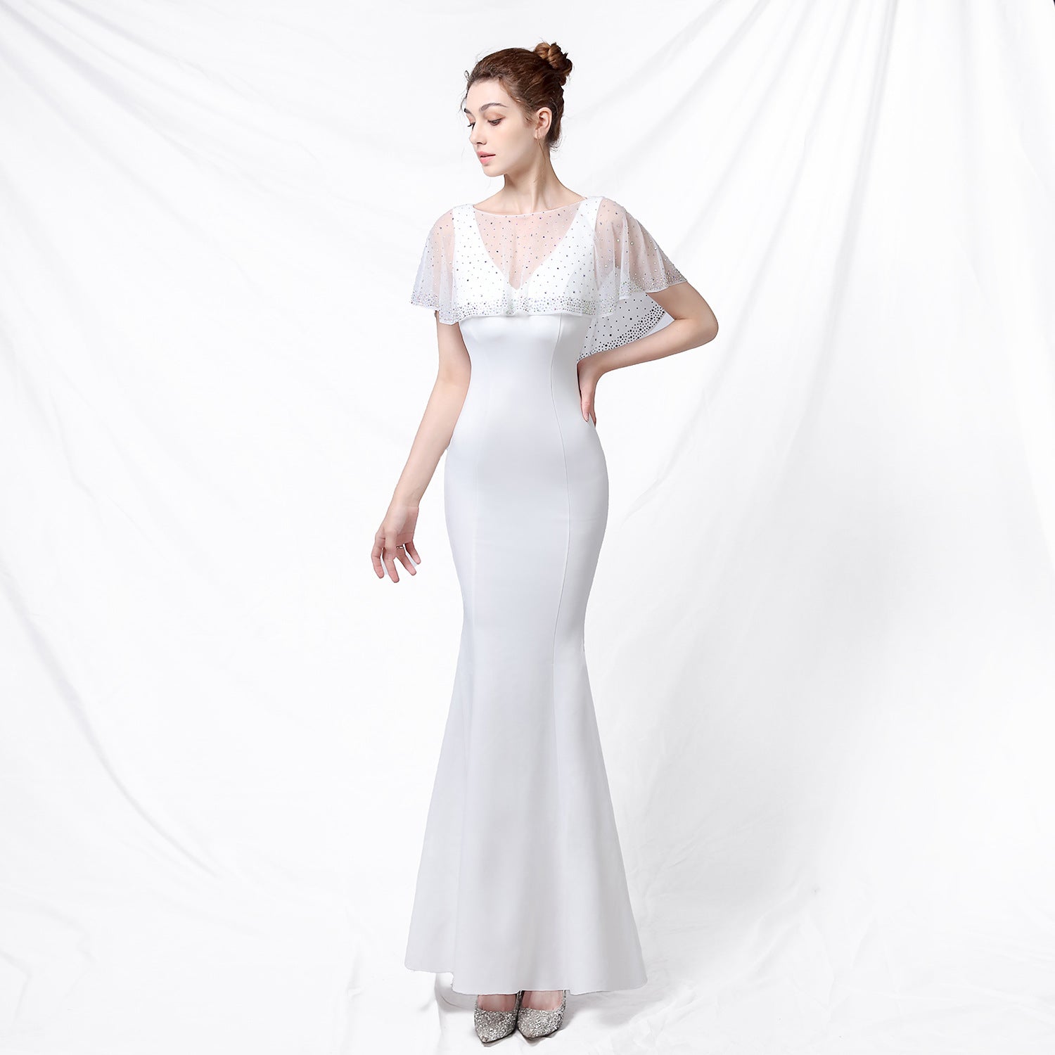Bride Cape Solid Sleeveless V-Neck Long Mermaid Wedding Evening Dress Two Piece Set 11