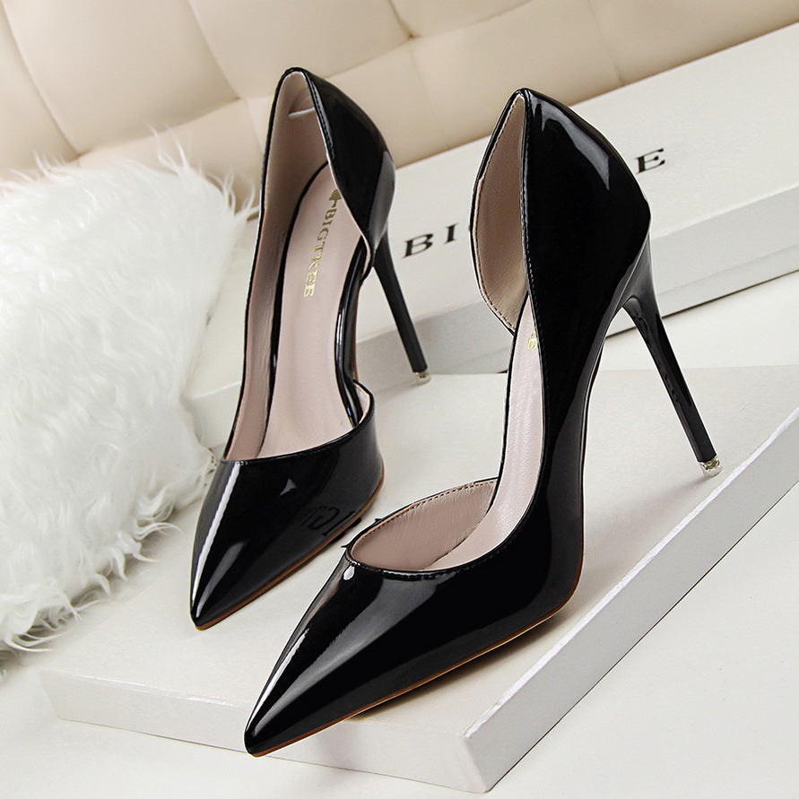 Fashionable High-Heeled Patent Leather Stiletto Shallow Mouth Pointed Toe Hollow Sexy High-Heeled Shoes 14