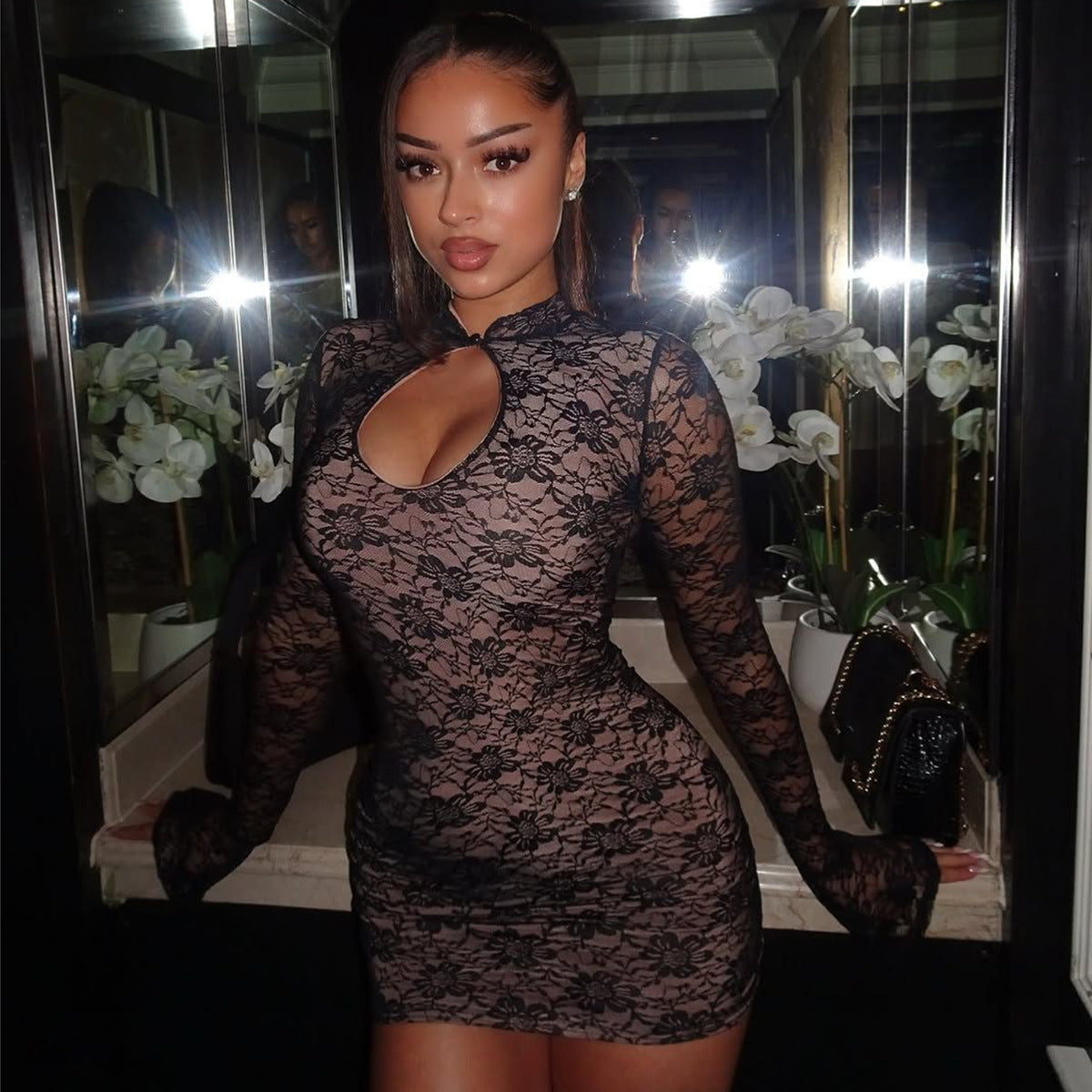 Women's Spring Fashion Sexy Lace Hollow-Out Bodycon Long Sleeve Dress 3