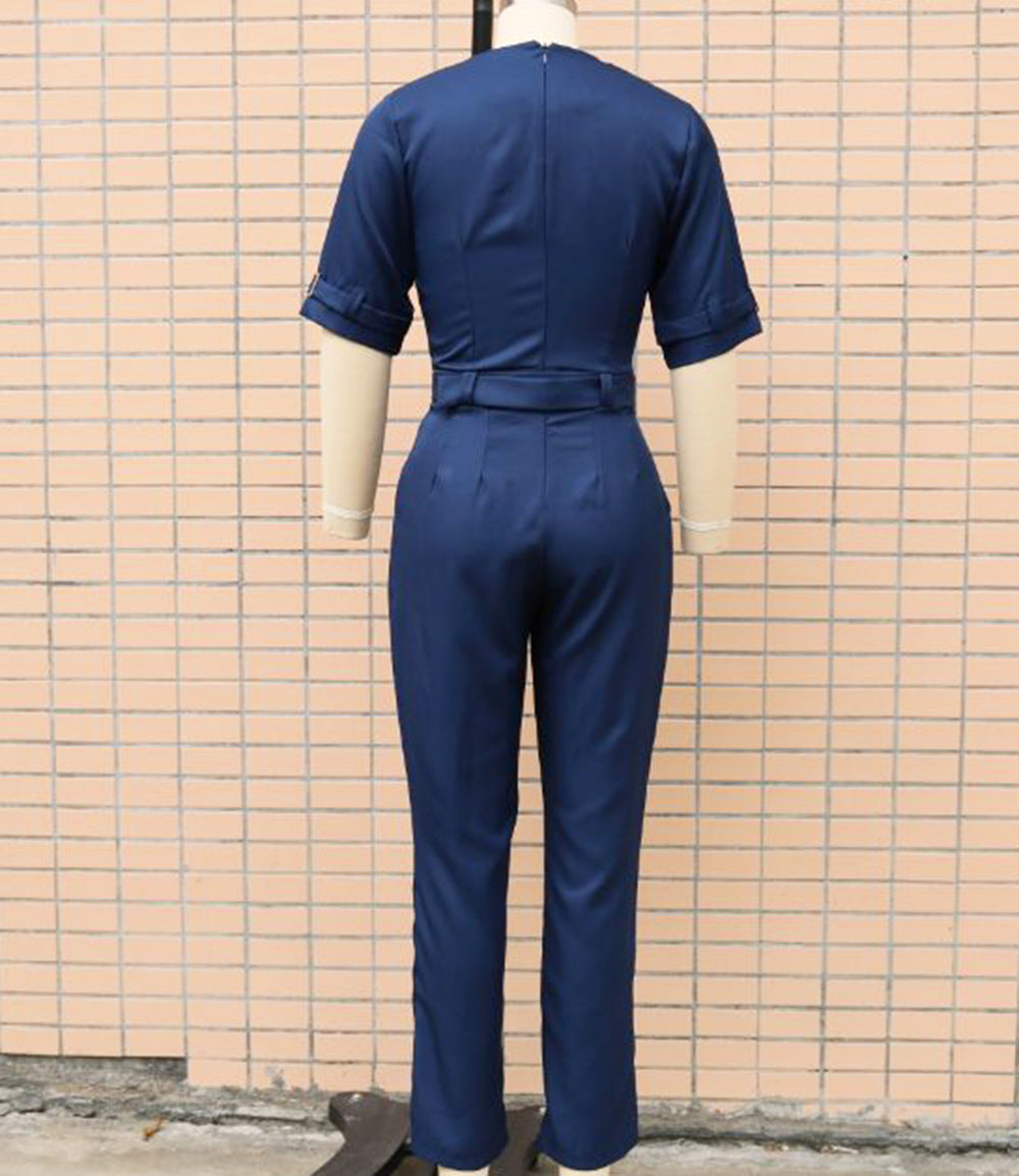 Spring/Summer Fit Turndown Collar Short Sleeve Professional Ol Jumpsuit 13