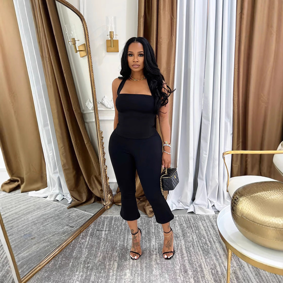 Women Spring Backless Halter Neck Sleeveless Vest and Pants Two Piece Set 5