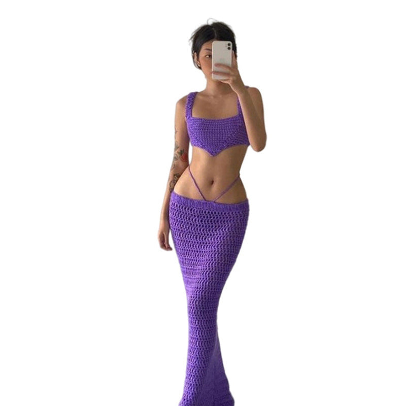 Spring Fashion Women's Solid Color Slim Vest Sexy Low Waist Skirt Two Piece Set 6