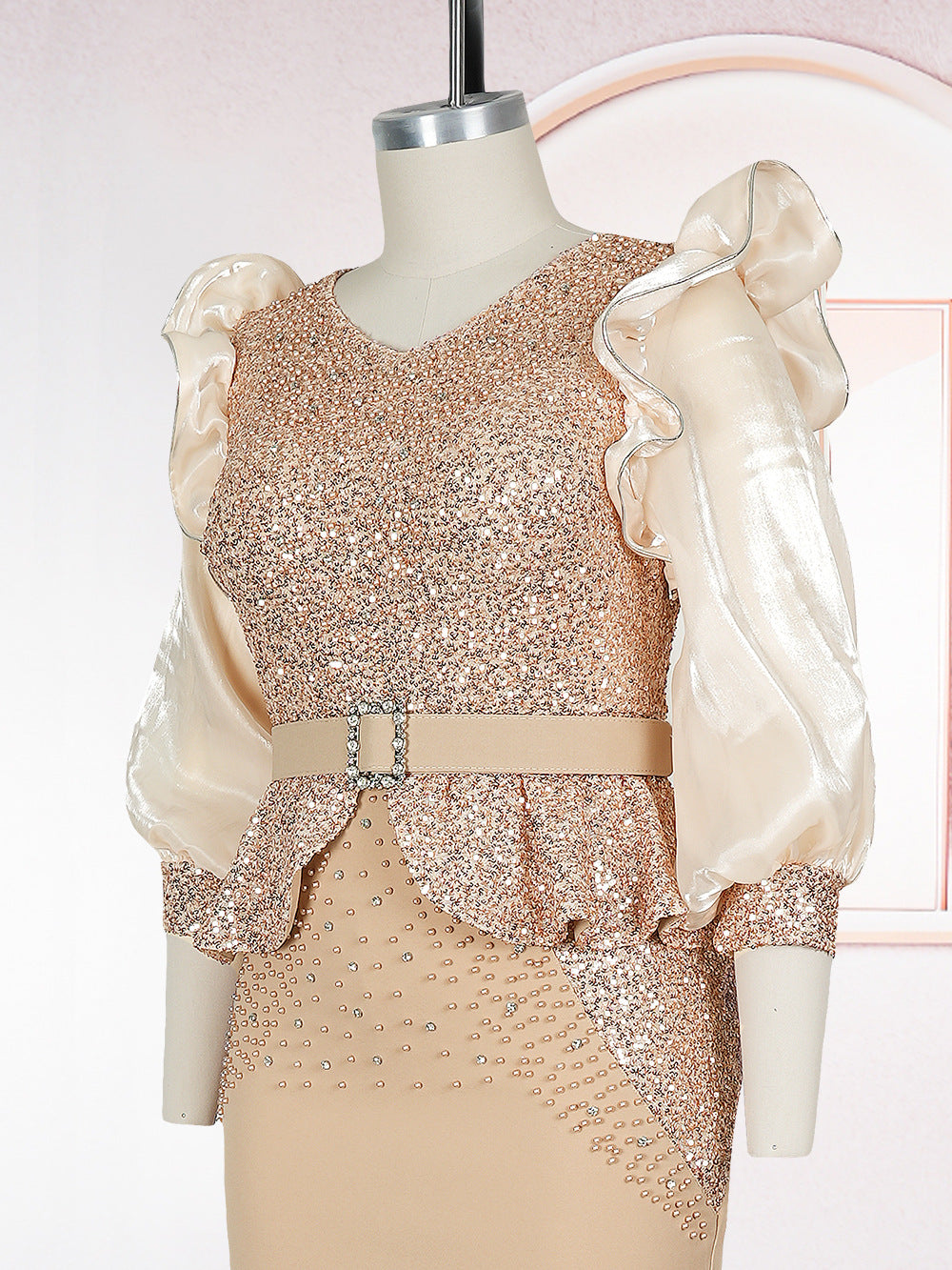 African Plus Size Women's Fashion Puff Sleeve Party Dress Beaded Sequin High Waist Gown 16