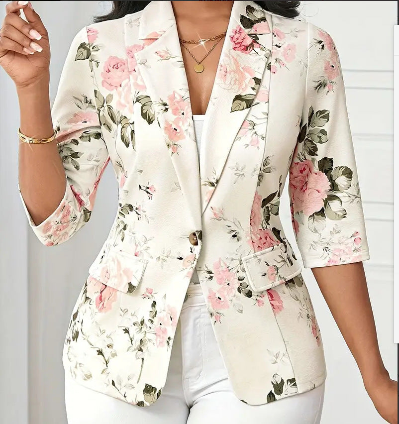 Women's Autumn Fashion Print Single Button Slim Blazer Short Jacket 3