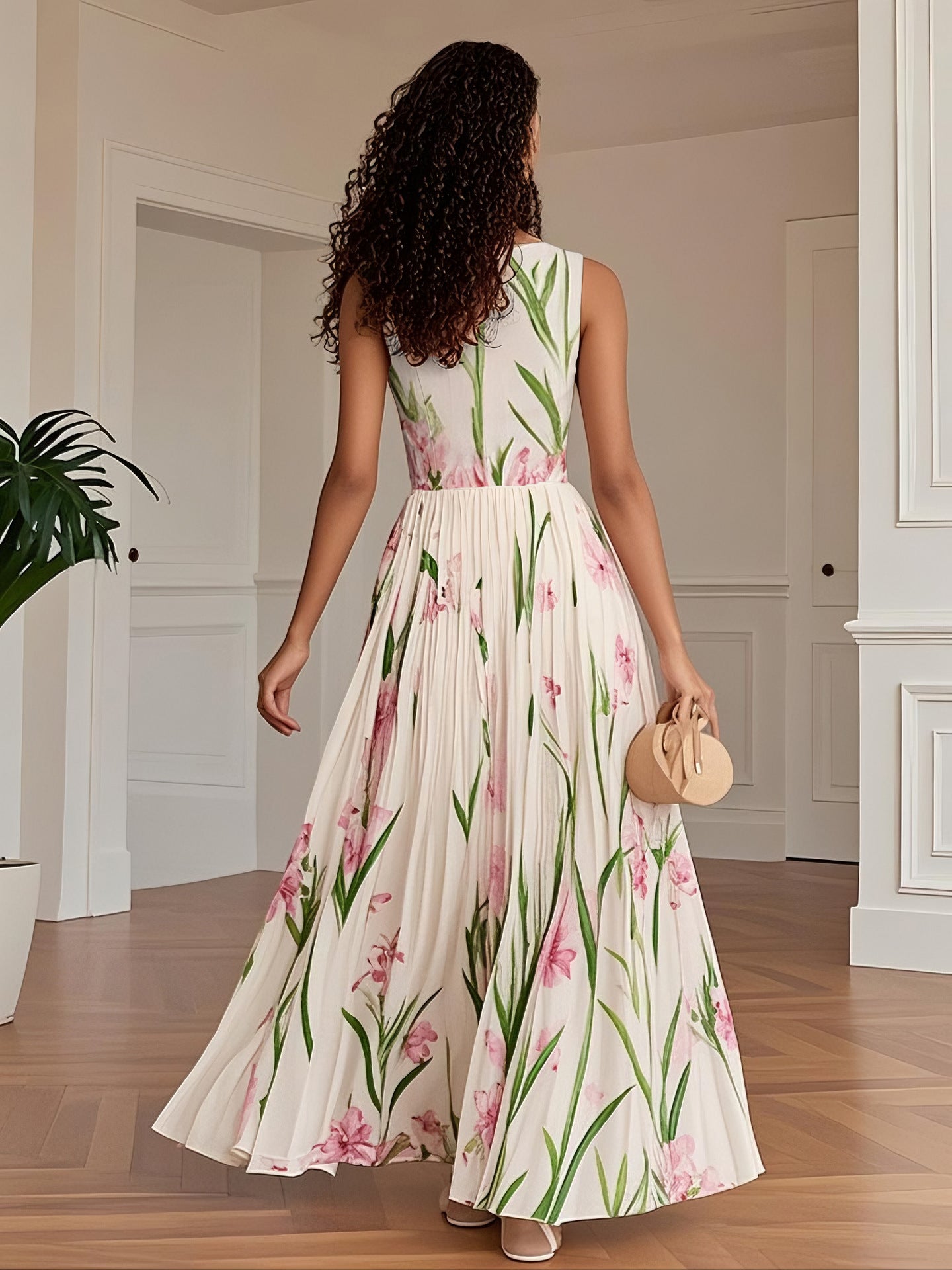 Women Printed Pleated Summer Strap Dress