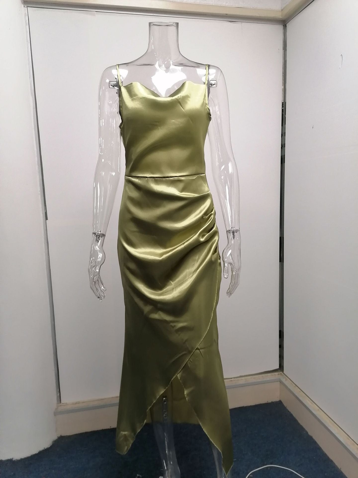 Sexy Low Cut Satin Slit Strap Dress Slim Fit Low Back Maxi Dress 40