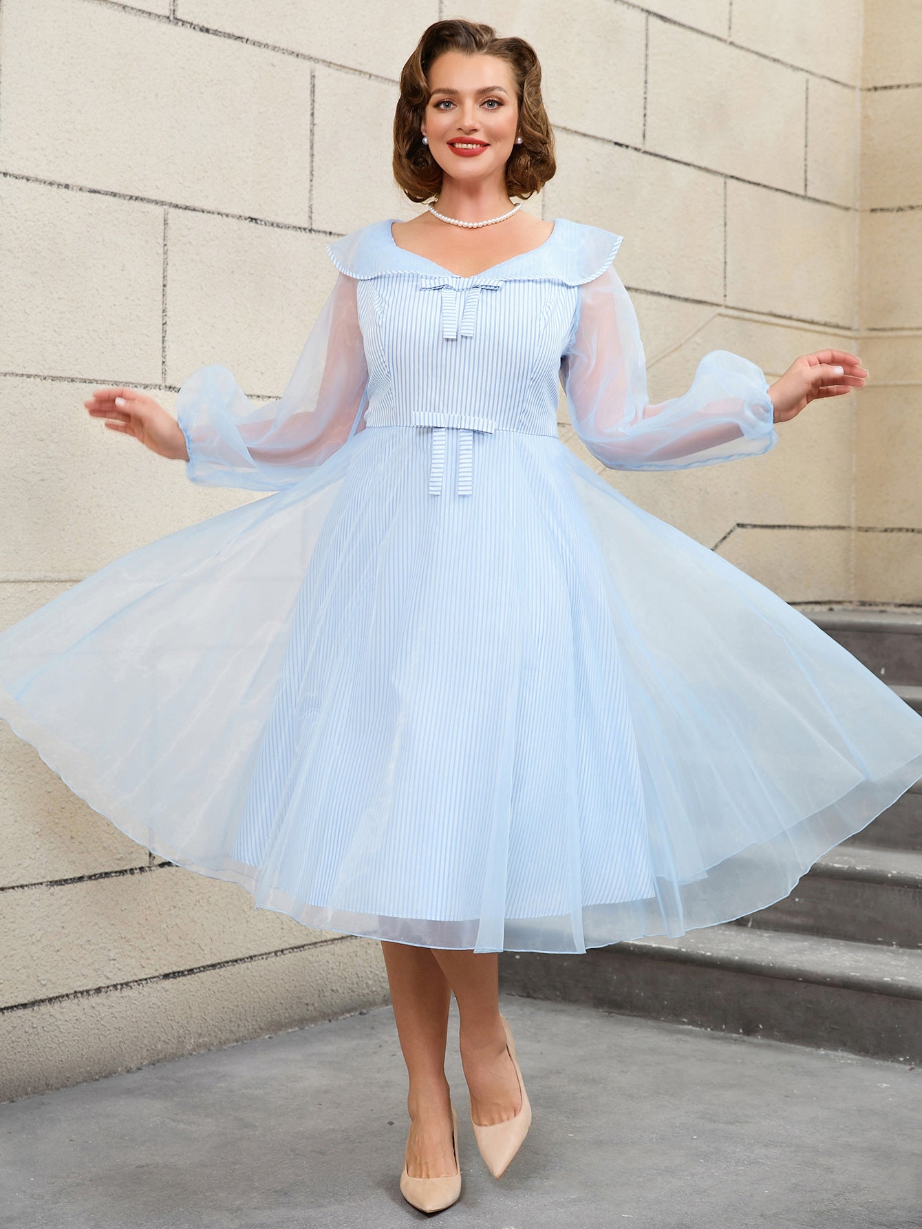 High-Waist Plus Size Women's Contrast Color Woven Striped Bubble Long-Sleeve A-Line Dress 9