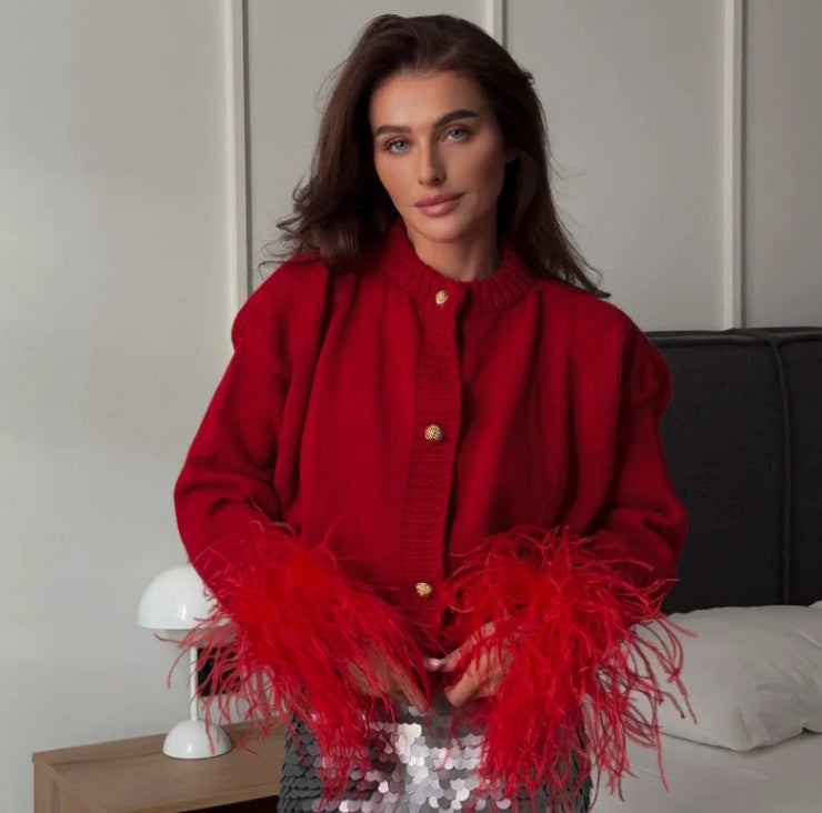 Women's Furry Patchwork Long Sleeve Button Knitting Cardigan 11