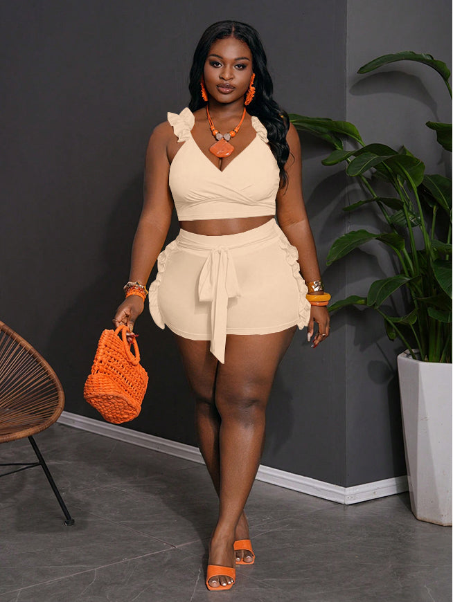 Women Summer Sexy Ruffle Backless Solid Top and Shorts Two-piece Set 6