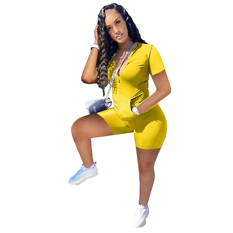 Women Summer Casual Solid Zipper Top and Shorts Two-Piece Set 11