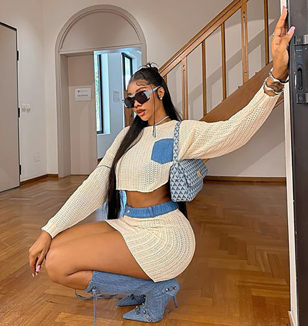 Women Long Sleeve Patchwork Crop Top and Skirt Two-Piece Set