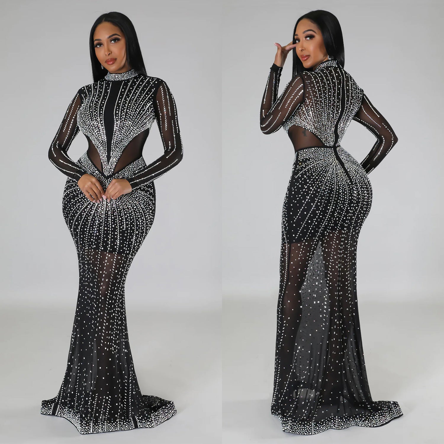 Women's Fashion Solid Color Mesh Beaded Long Sleeve Maxi Dress 7