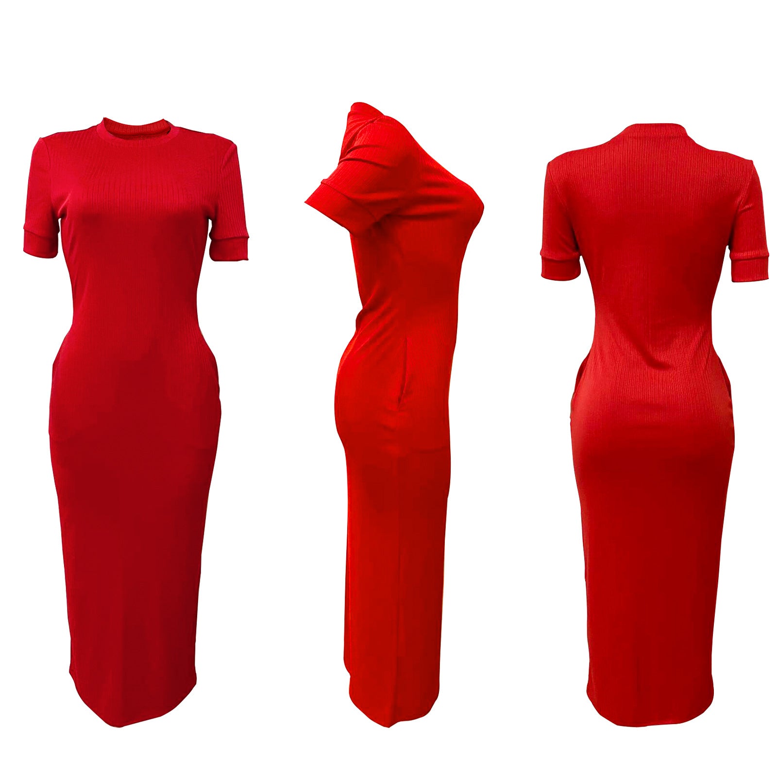 Summer Women's Fashion Round Neck Solid Rib Short Sleeve Sexy Slim Long Dress 12