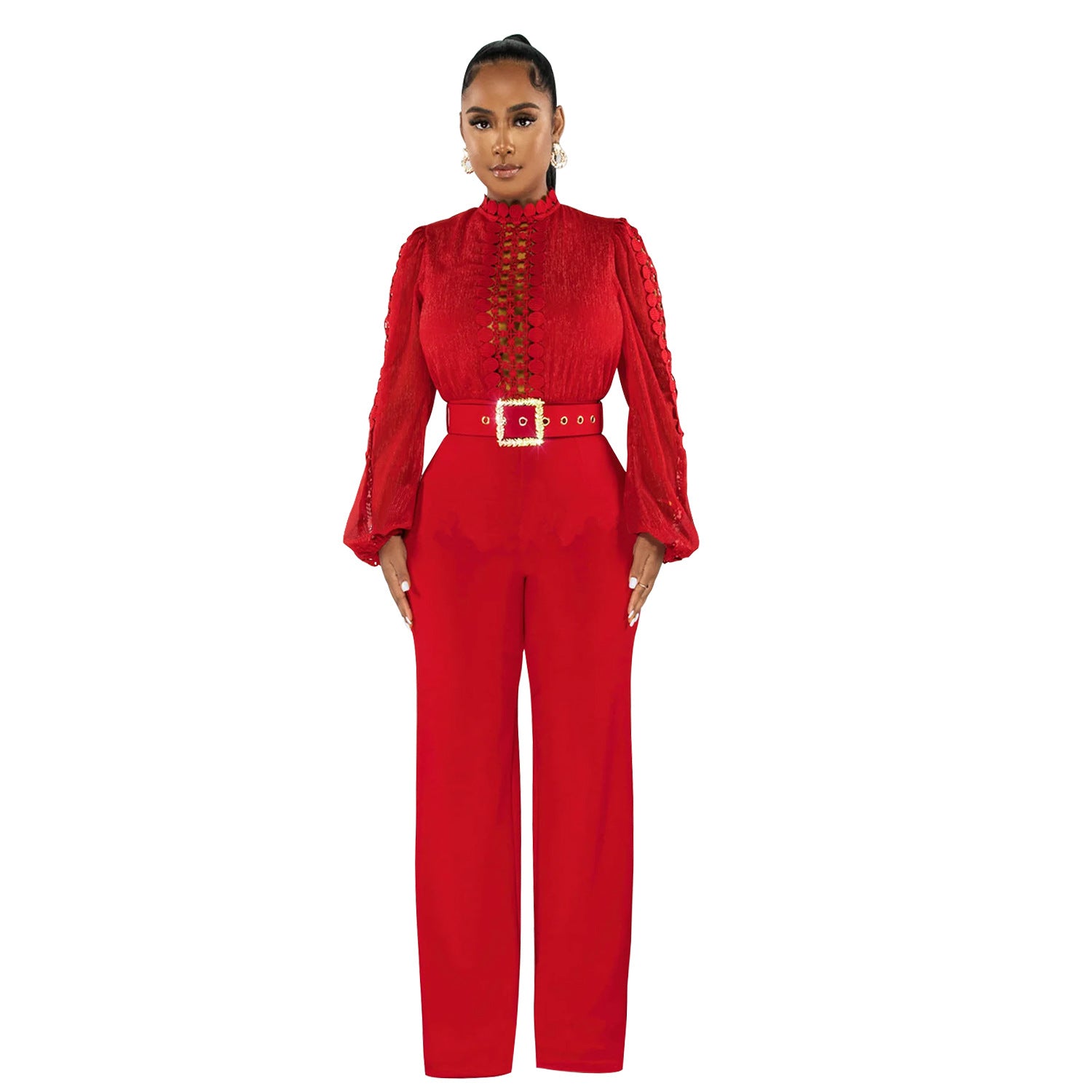 Women Belt Lace Cutout Solid Long Sleeve Jumpsuit 15