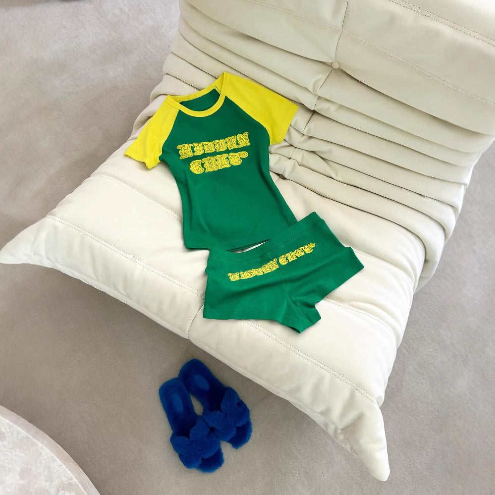 Women American style patchwork letter short-sleeved top and shorts two-piece set 4