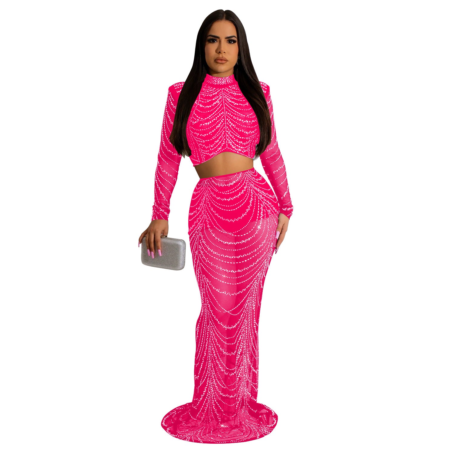 Women's Fashion Solid Color Mesh Beaded Long Sleeve Crop Top Long Skirt Two-Piece Set 12