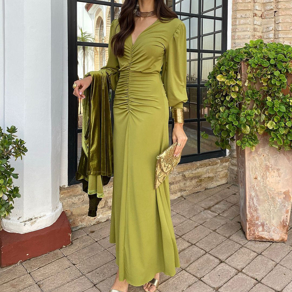 Women's V-Neck Slim Waist Chic Long Dress 6