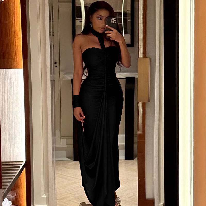 Solid color chic women's clothing low back strapless halter neck long dress formal party gown 3