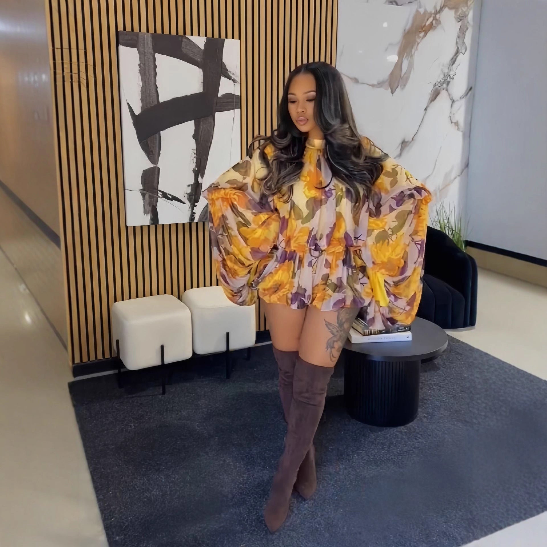 Women's Summer Casual Printed Round Neck Lantern Sleeve Two-Piece Shorts Set 5