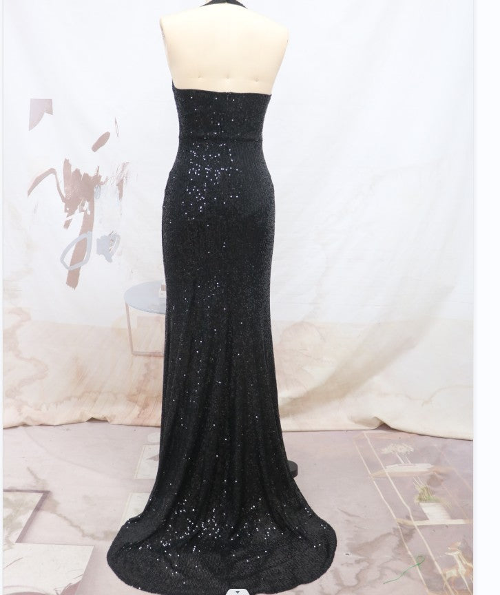 Women sequined sleeveless Halter Neck V-neck Formal Party evening dress 9