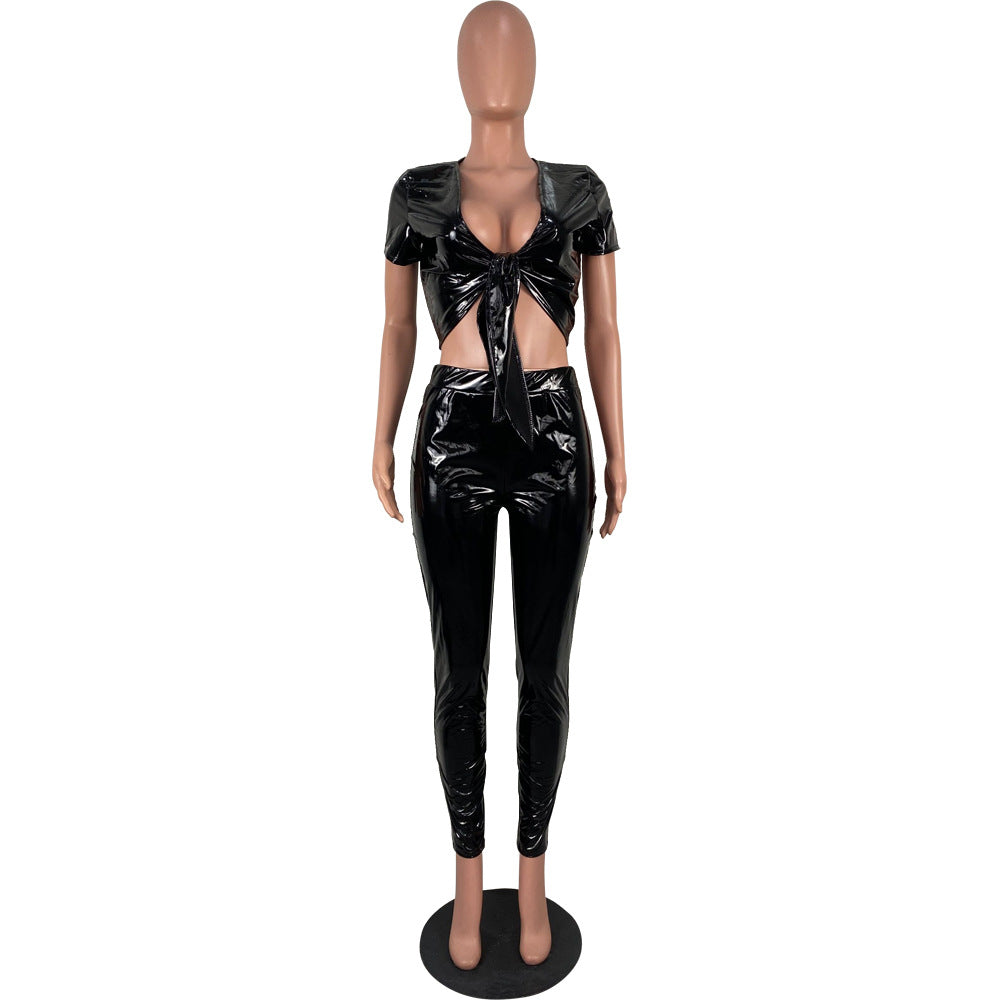 Women Sexy Pu Leather Short Sleeve Top and Pant Two-Piece Set 9