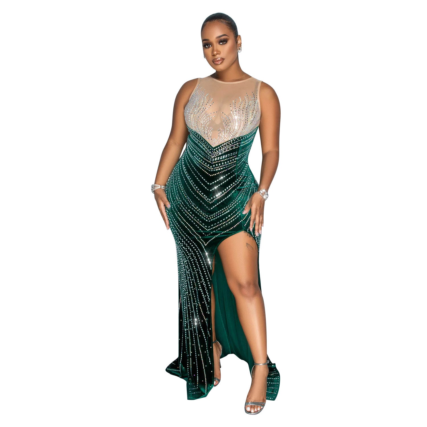 Spring Velvet Patchwork Mesh Beaded Sleeveless Nightclub Long Dress 13