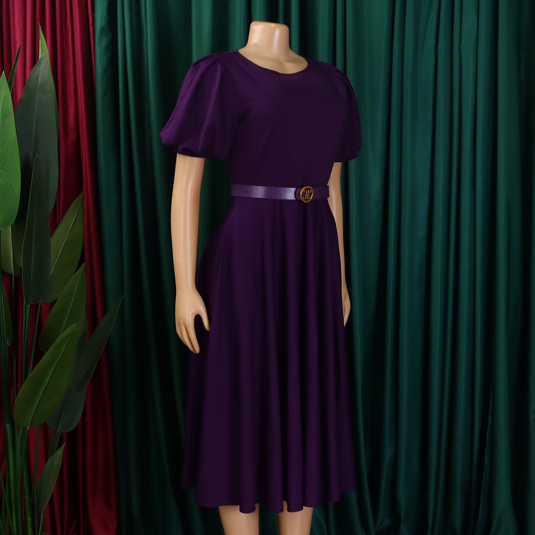 Women's Round Neck Chic Elegant Slim Waist Puff Sleeve A-Line African Dress 18