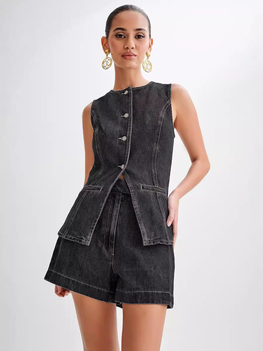 Summer Fashion Casual Sleeveless High Waist Women's Two Piece Denim Shorts Set 3