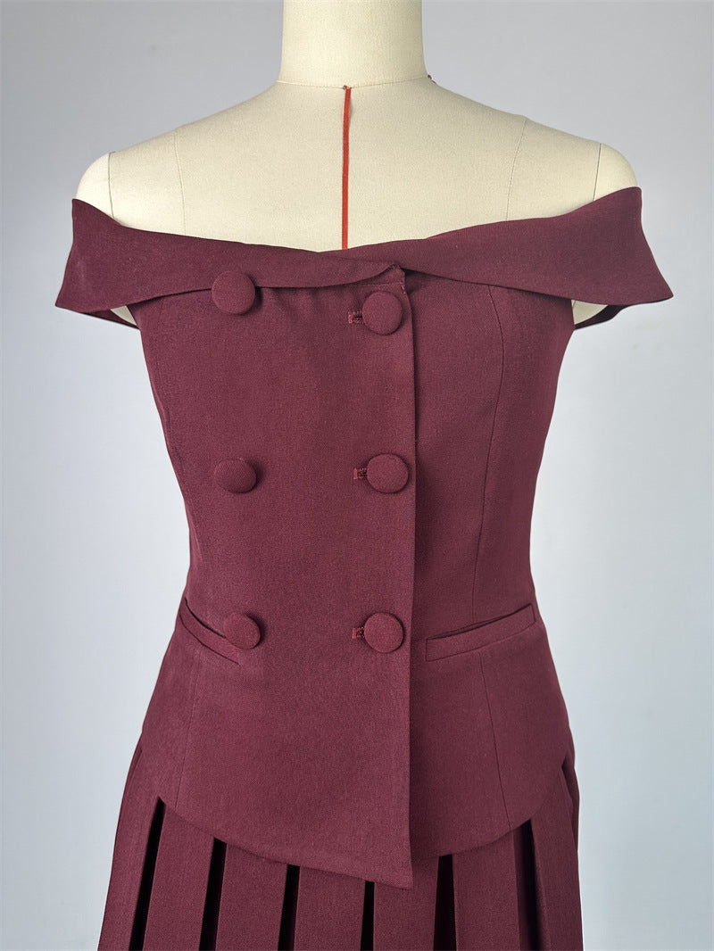 Women summer off-the-shoulder double-breasted Top and pleated Skirt two-piece set 8