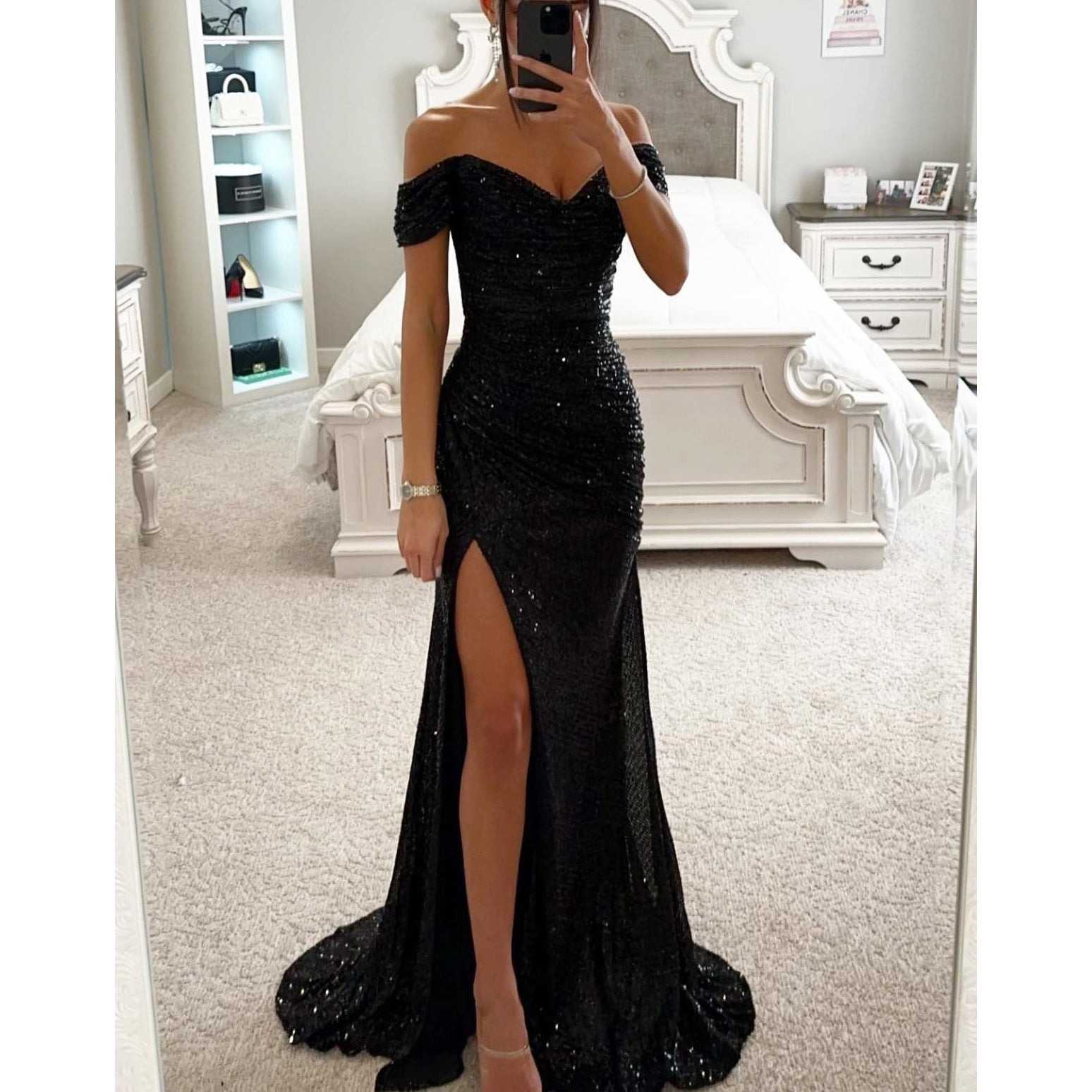 Women Sequin Off Shoulder Slit Dress 14