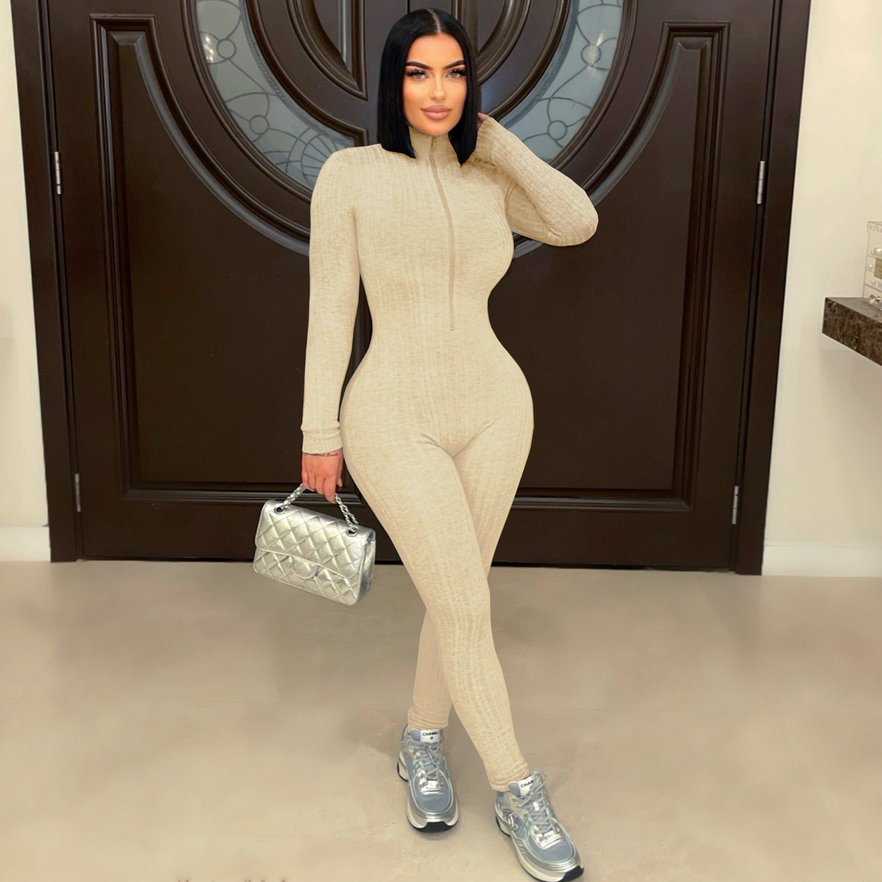 Women's Slim Fit Jumpsuit High Stretch Knitting Long Sleeve Stand Collar Zipper Casual Sporty Romper 3