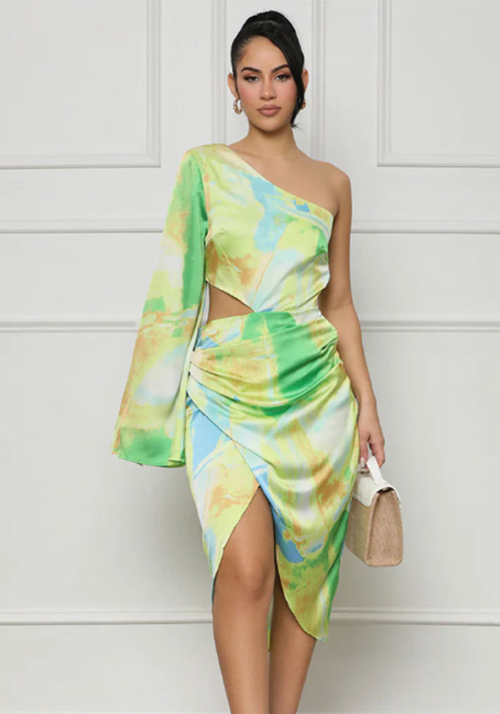 Women Spring/Summer Printed One-Sleeve Casual Maxi Dress