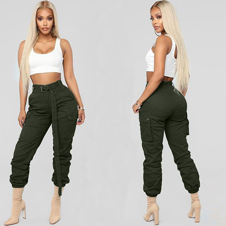 Women Solid Casual Cargo Pants with Belt 15