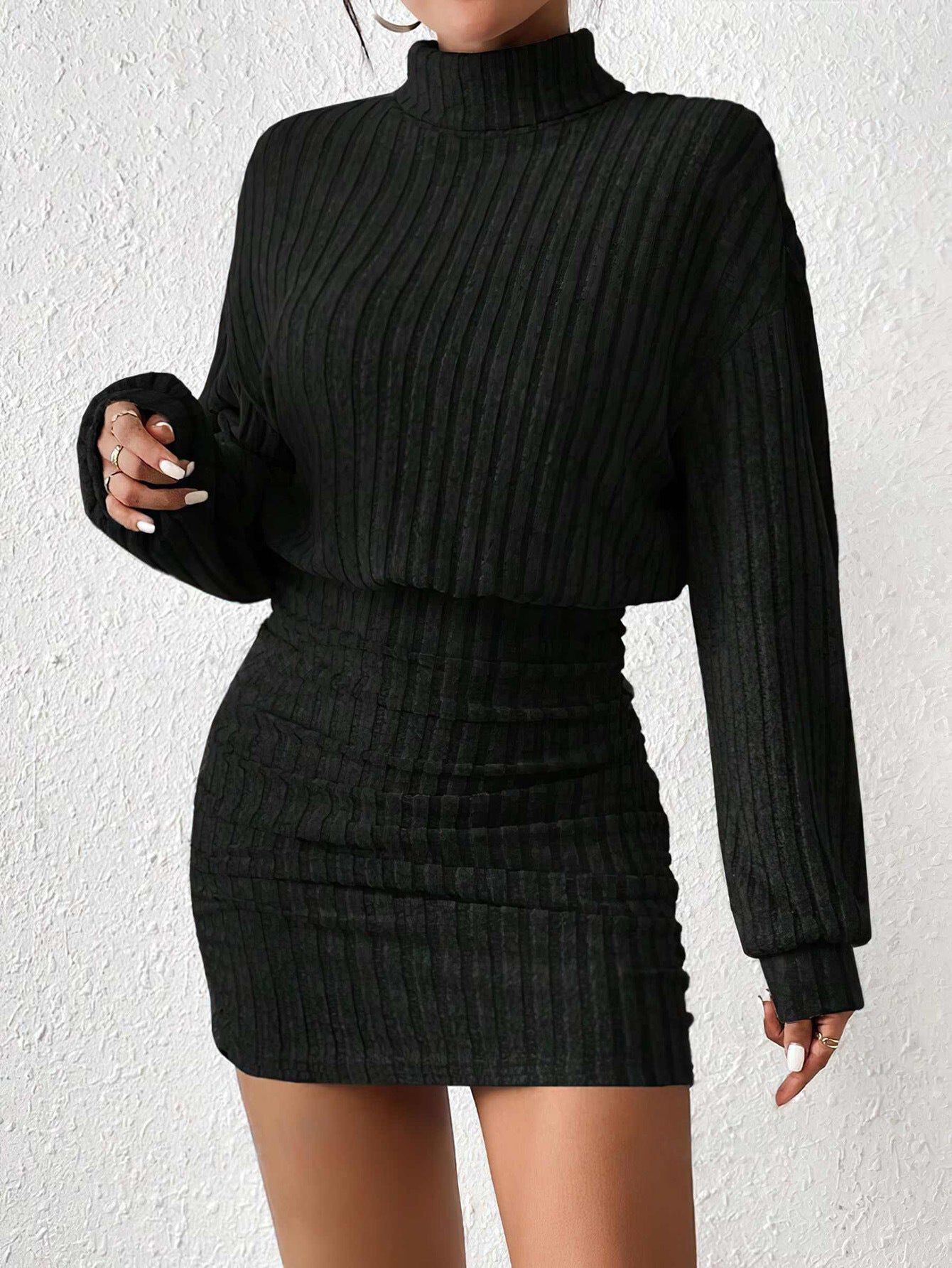 Autumn Winter Women's Slim Fashion Ribbed High Neck Long Sleeve Bodycon Dress 3