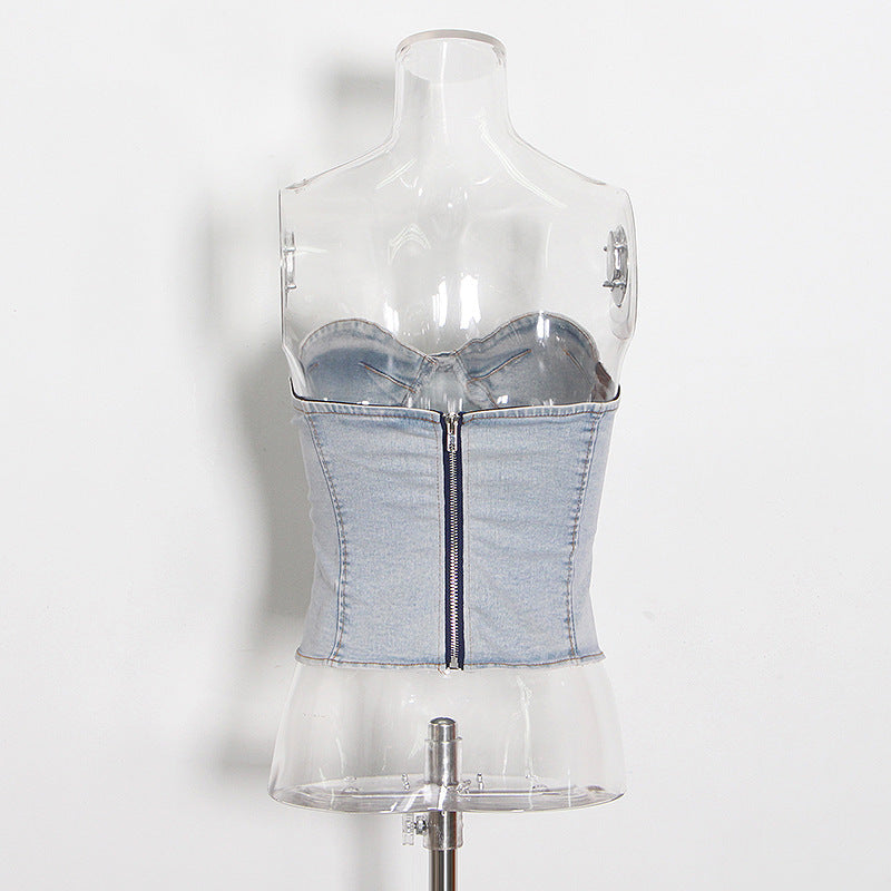 Summer Fashion Strapless Casual Stretch Denim Two-Piece Pants Set 10