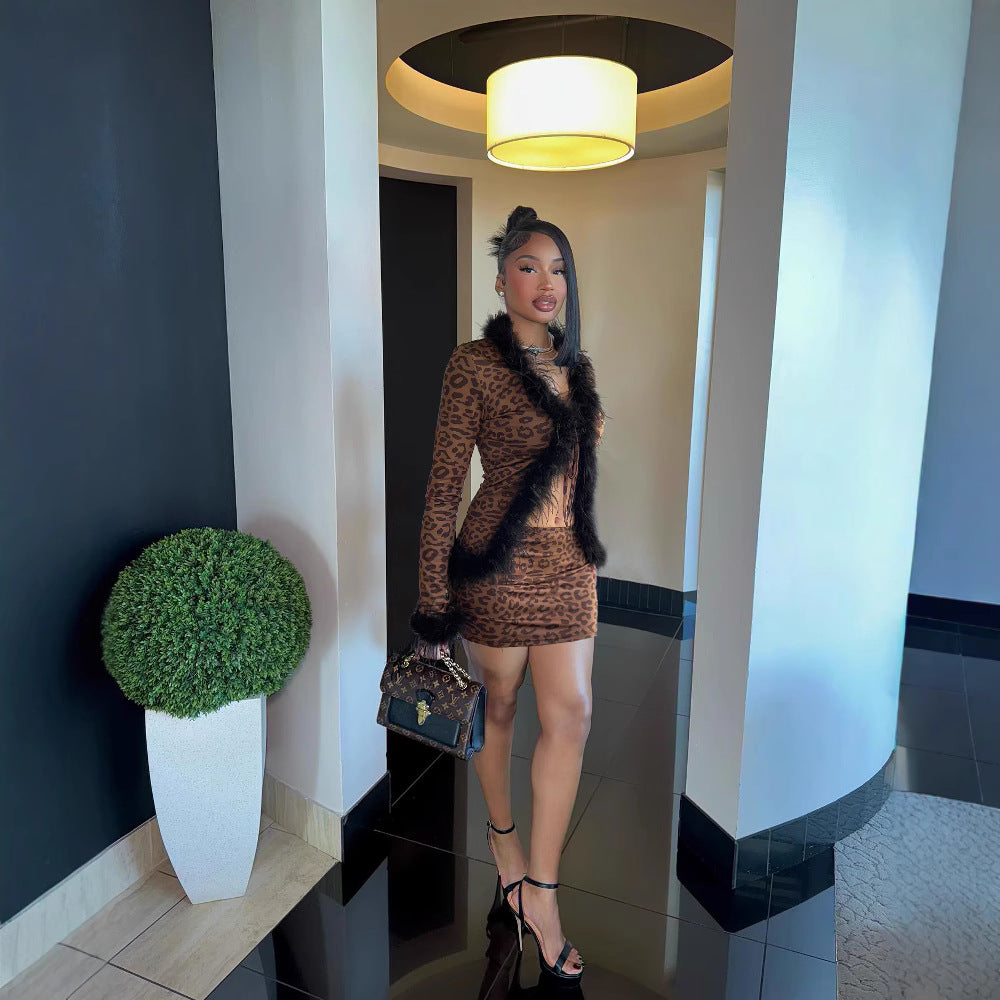 Fashionable Sexy Fur Patchwork Leopard Print Long-Sleeved Top Slim Mini Skirt Two-Piece Set 5