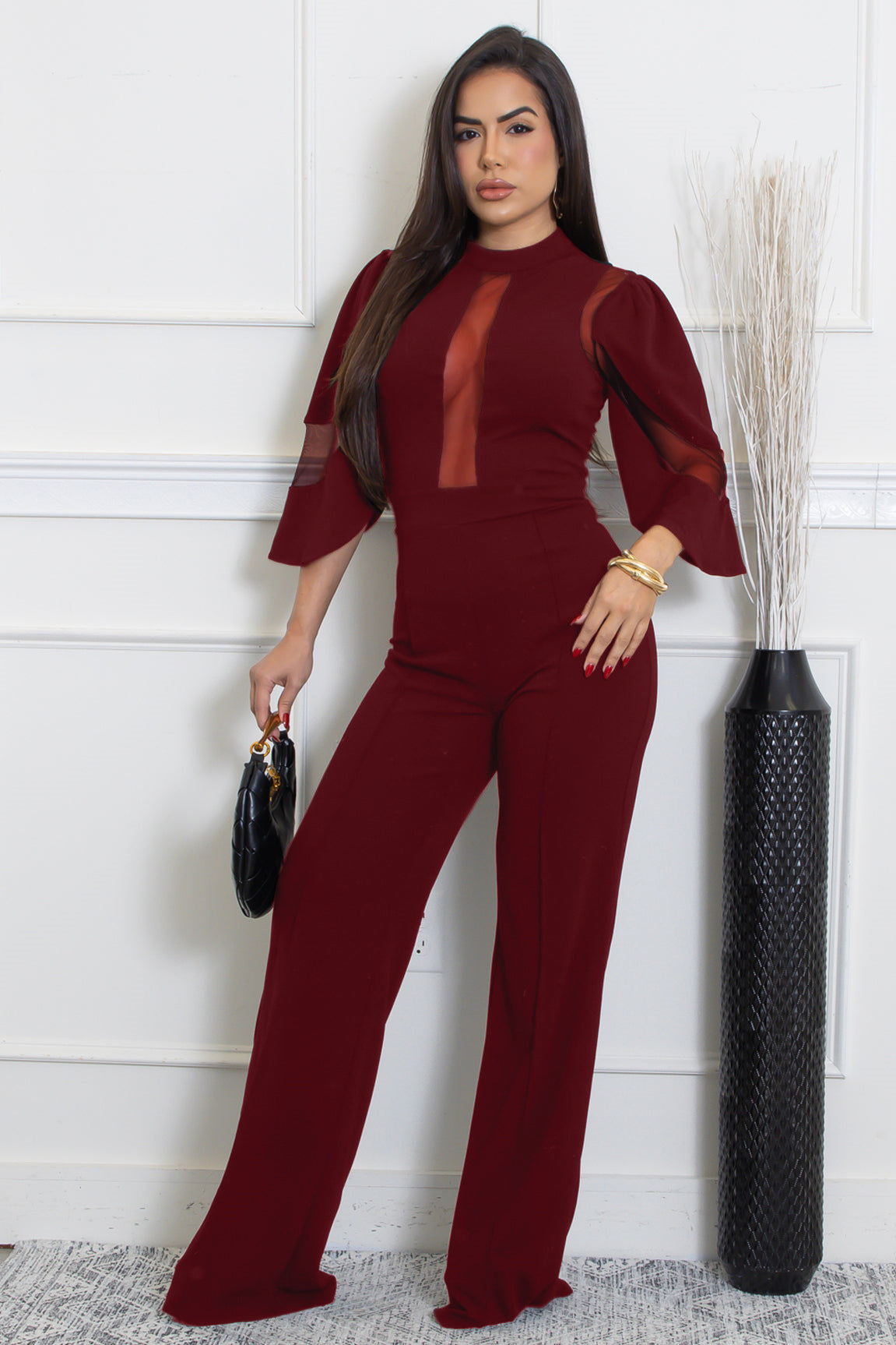 Women Elegant Mesh Patchwork Lace-Up Wide-Leg Jumpsuit