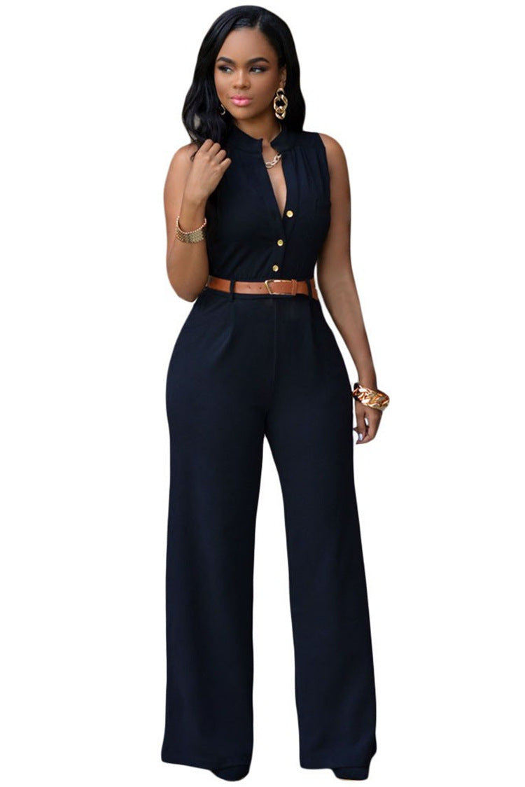 Women's Single Breasted Sleeveless High Waist Belted Wide Leg Jumpsuit 15